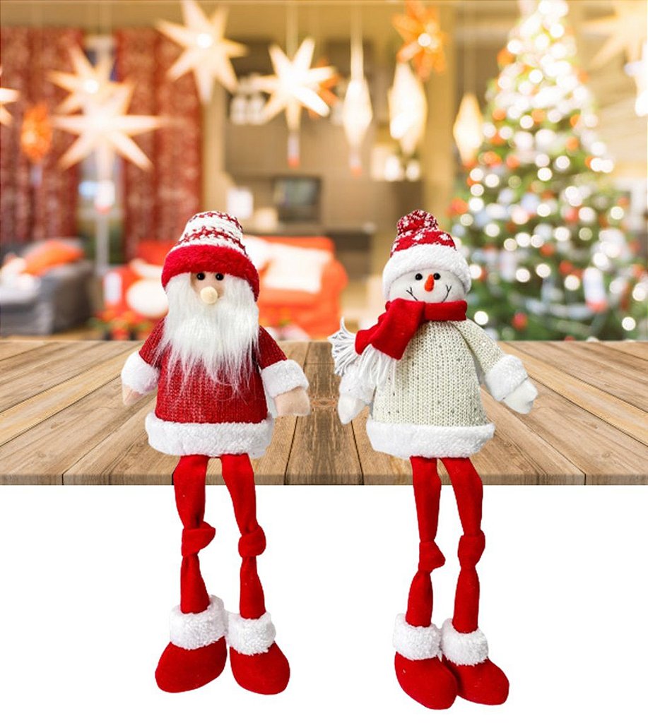 Jogo Papai Noel e Boneco de Neve Pelúcia Sentado Vermelho e Branco