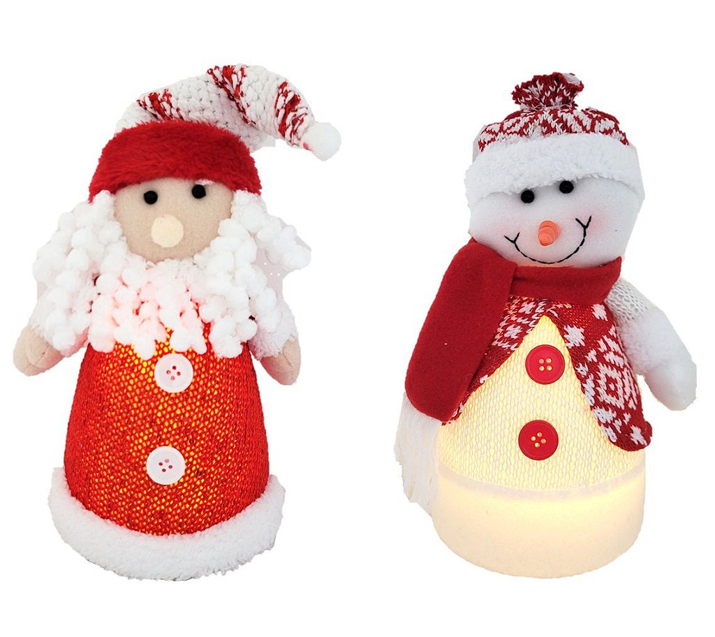Jogo Papai Noel e Boneco de Neve Cone Iluminado LED Tricô Vermelho