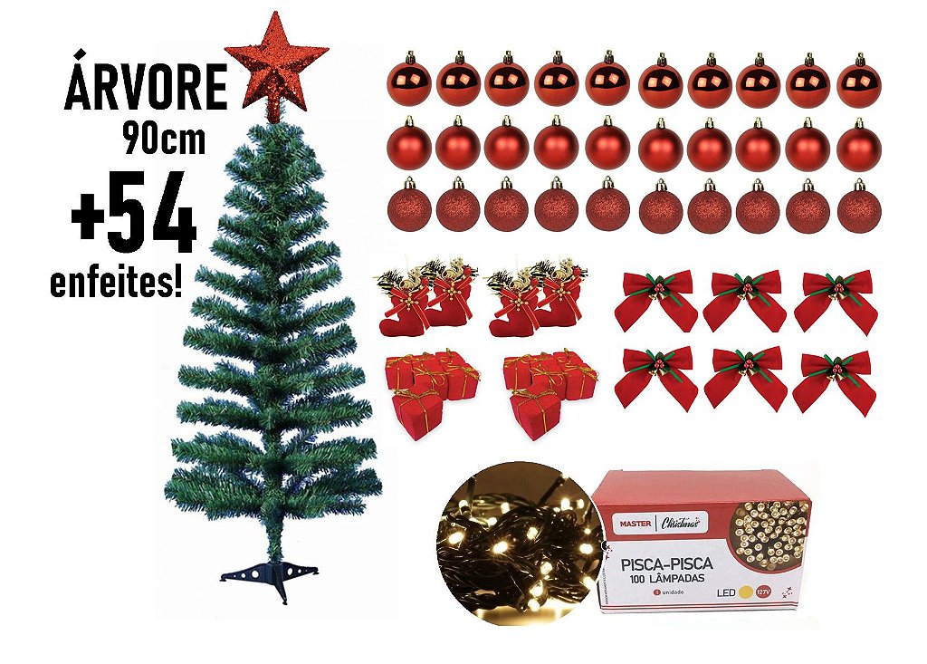 Kit Decoração Vermelho com Dourado para Árvore de Natal 150cm - 01