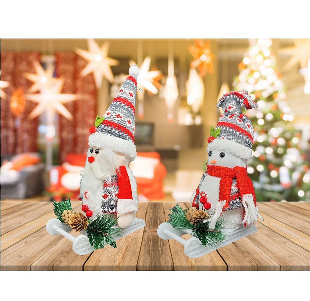 Jogo Papai Noel e Boneco de Neve Pelúcia Tricô no Trenó Decorado Pinhas  25cm - Master Christmas - Mundial Casa e Presentes