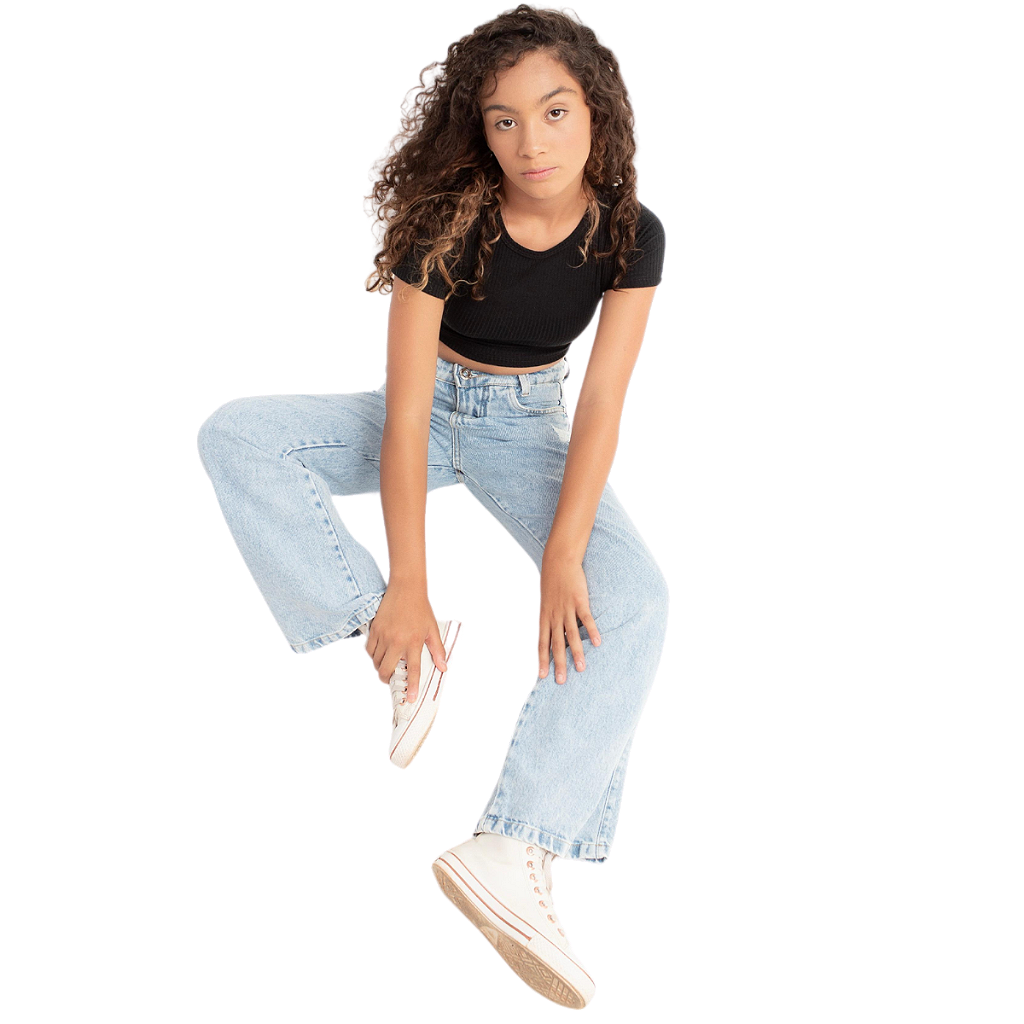 Calça Jeans Infantil Feminina Cintura Alta - SEAUR | Modelo Reto Com Detalhes Rasgados