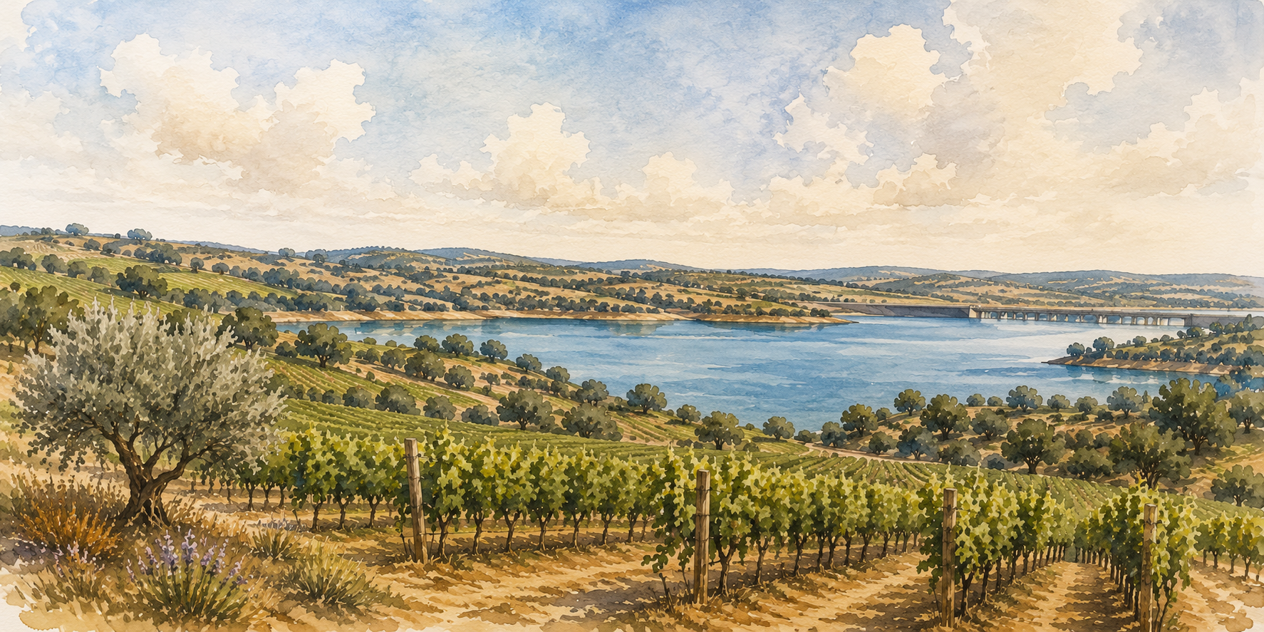 Ilustração em aquarela representativa dos vinhedos e da Barragem de Montargil, no Alentejo