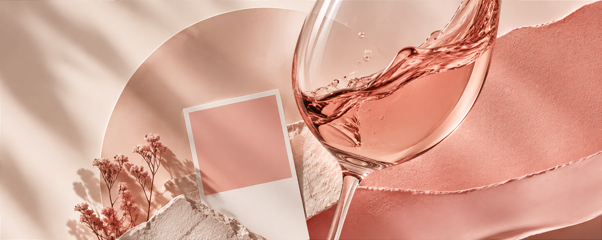 Composição conceitual inspirada no vinho rosé e na tonalidade Pantone 719