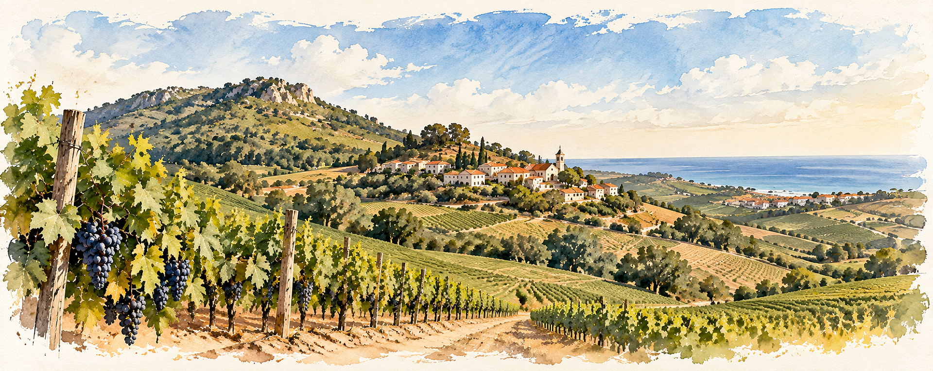 Ilustração em aquarela de vinhedos e paisagem da região de Lisboa, Portugal
