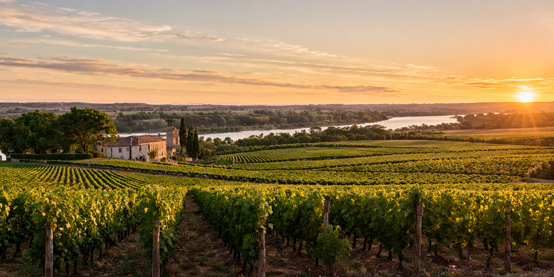 Paisagem ilustrativa dos vinhedos de Bordeaux, com château e influência do estuário da Gironda