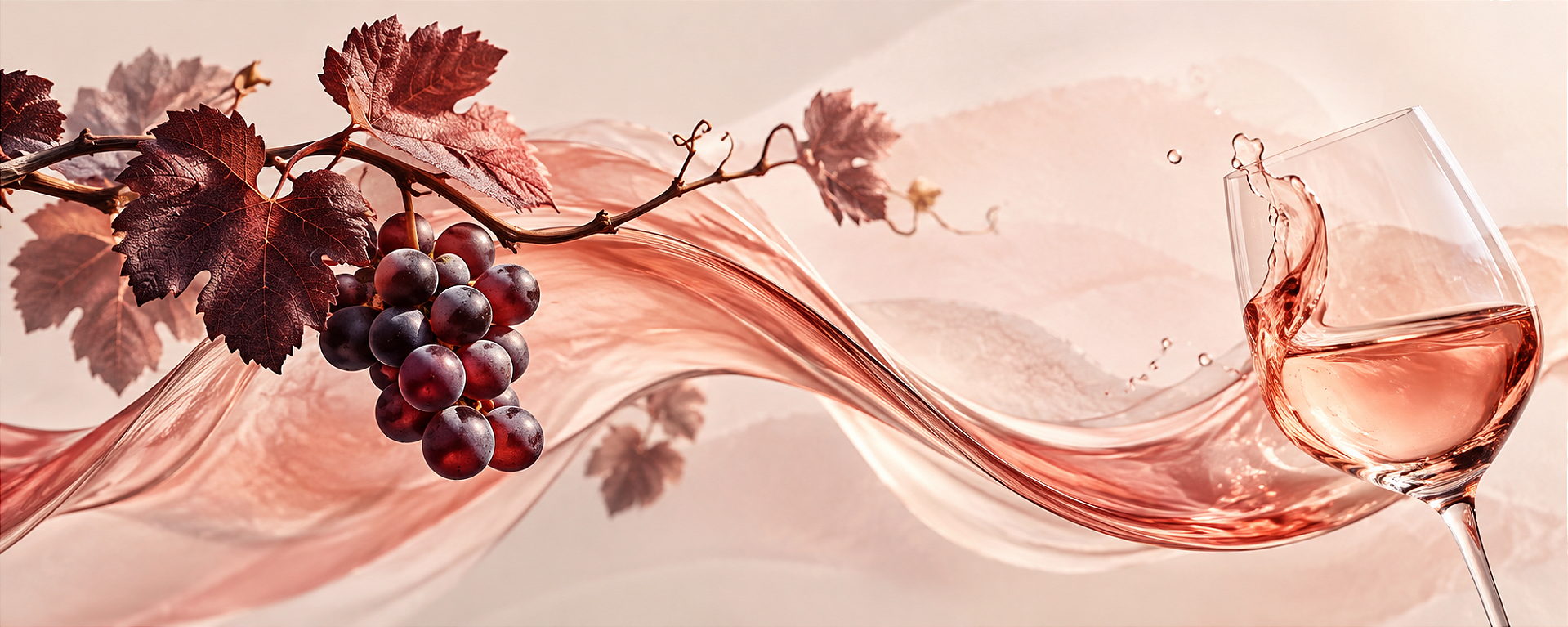 Composição artística panorâmica com uvas tintas, vinho rosé e uma taça, representando a expressão da Castelão no Manz Rosé