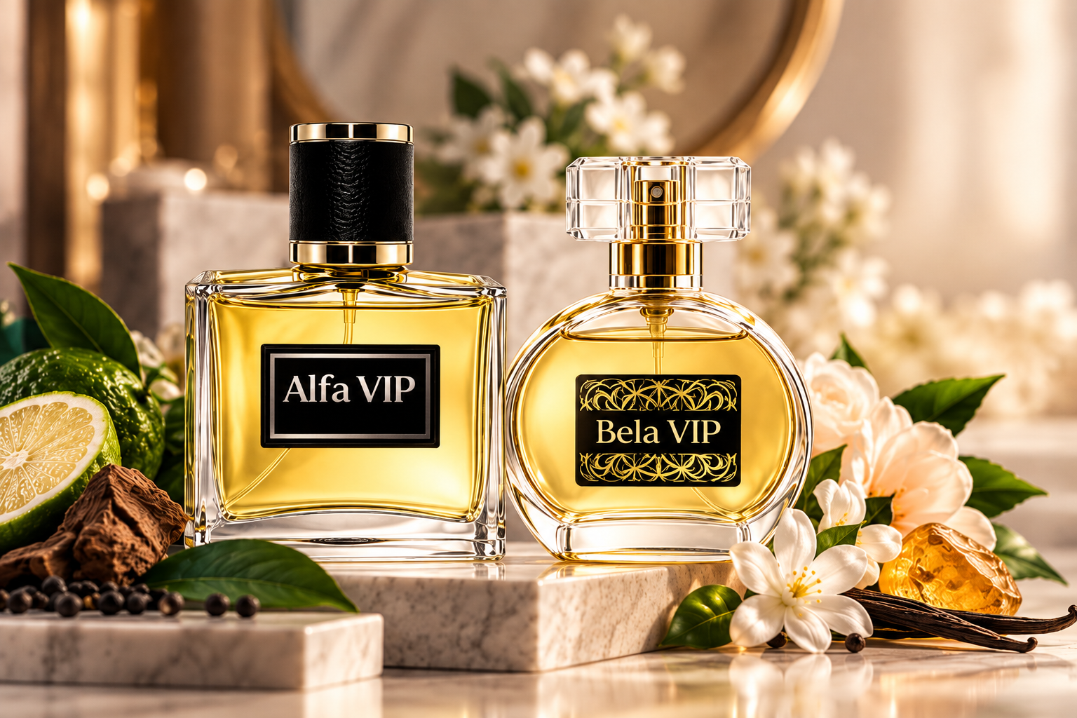 Perfumes femininos Bela VIP e masculinos Alfa VIP ZULLIT