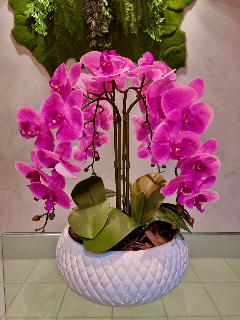 Arranjo Artificial 4 Orquídeas Rosas Vaso de Cerâmica Branco -  Florescer-Decor | FLORESCER DECOR