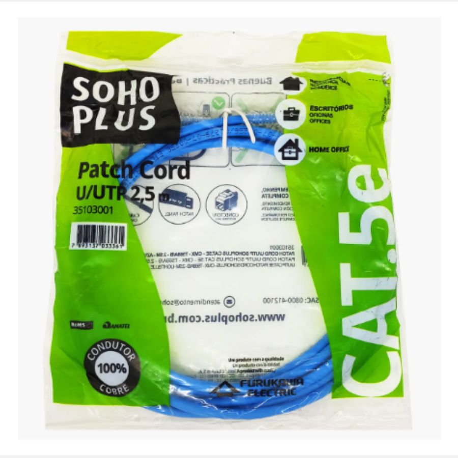 Patch Cord 2,50 Metros Cat5e Sohoplus UUtp Azul