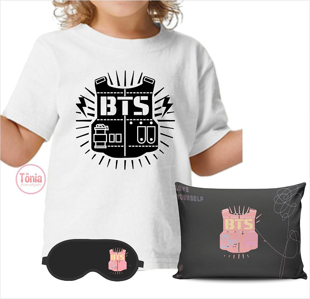 BTS k-pop kit camiseta, almofada e máscara de dormir - Tônia Personalizados