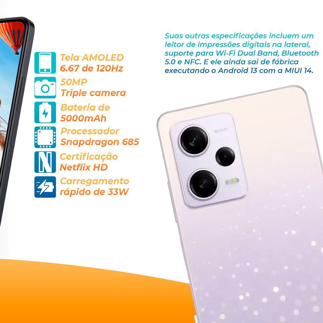 Smartphone Xiaomi Redmi Note 12 5G 128GB Cinza Tela 6.67 Câmera