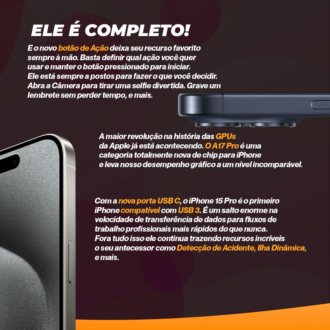 iPhone 15 Pro 256gb, Câmera de 48Mp, 5G e-Sim, Titânio iPhone 15 Pro 256gb, Câmera de 48Mp, 5G e-Sim, Titânio