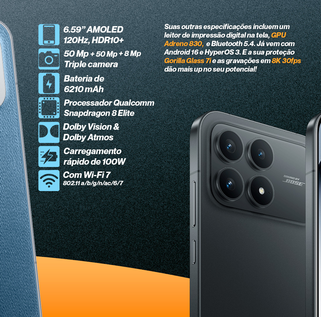 Smartphone Poco F8 Pro 5G 512GB/12GB RAM, AMOLED 120Hz, Câmera