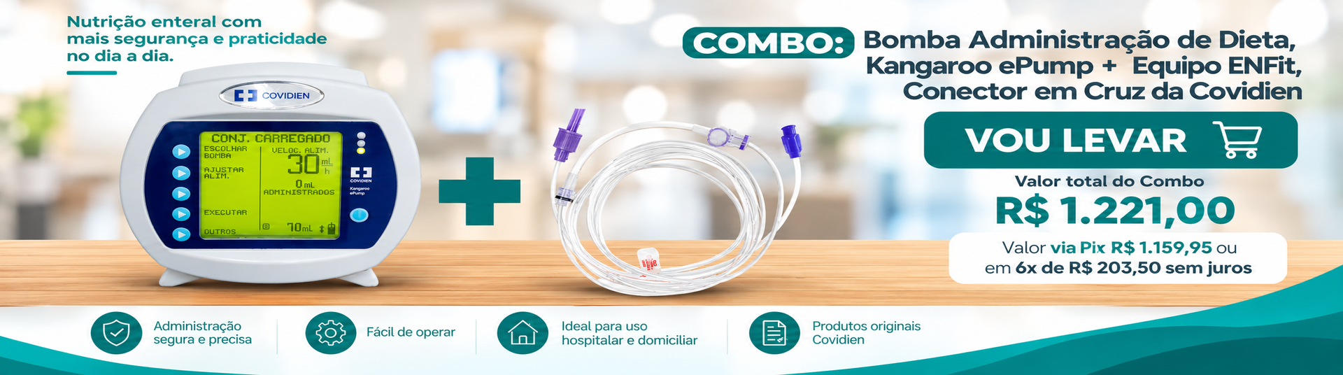 COMBO: Bomba Administração de Dieta, Kangaroo Epump + 30 Equipo Enfit, Conector em Cruz da Covidien