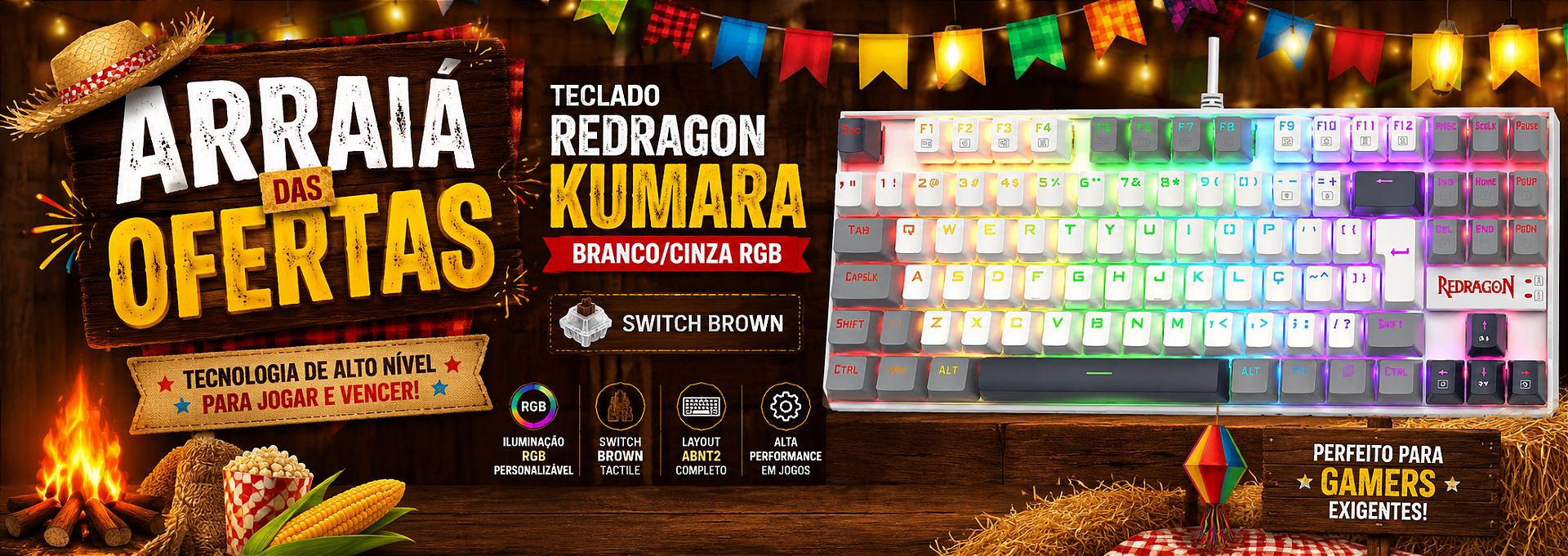 TECLADO REDRAGON KUMARA BRANCO/CINZA RGB SWITCH BROWN K552WGL-RGB
