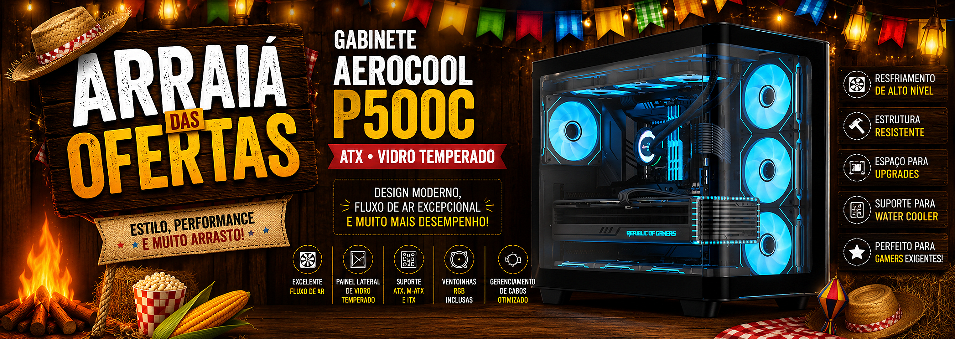 GABINETE AEROCOOL P500C ATX VIDRO TEMPERADO