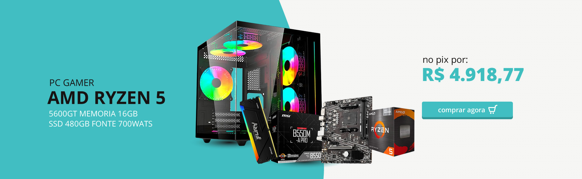 PC GAMER AMD RYZEN 5 5600GT MEMORIA 16GB SSD 480GB FONTE 700WATS