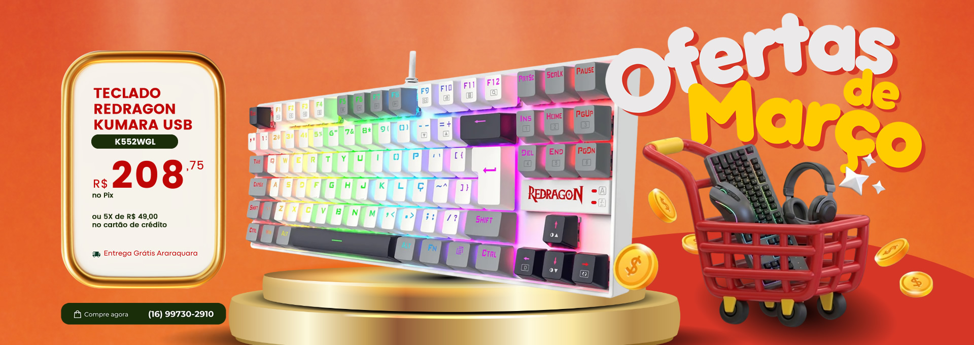 TECLADO REDRAGON KUMARA USB BRANCO/CINZA RGB SWITCH MARROM K552WG