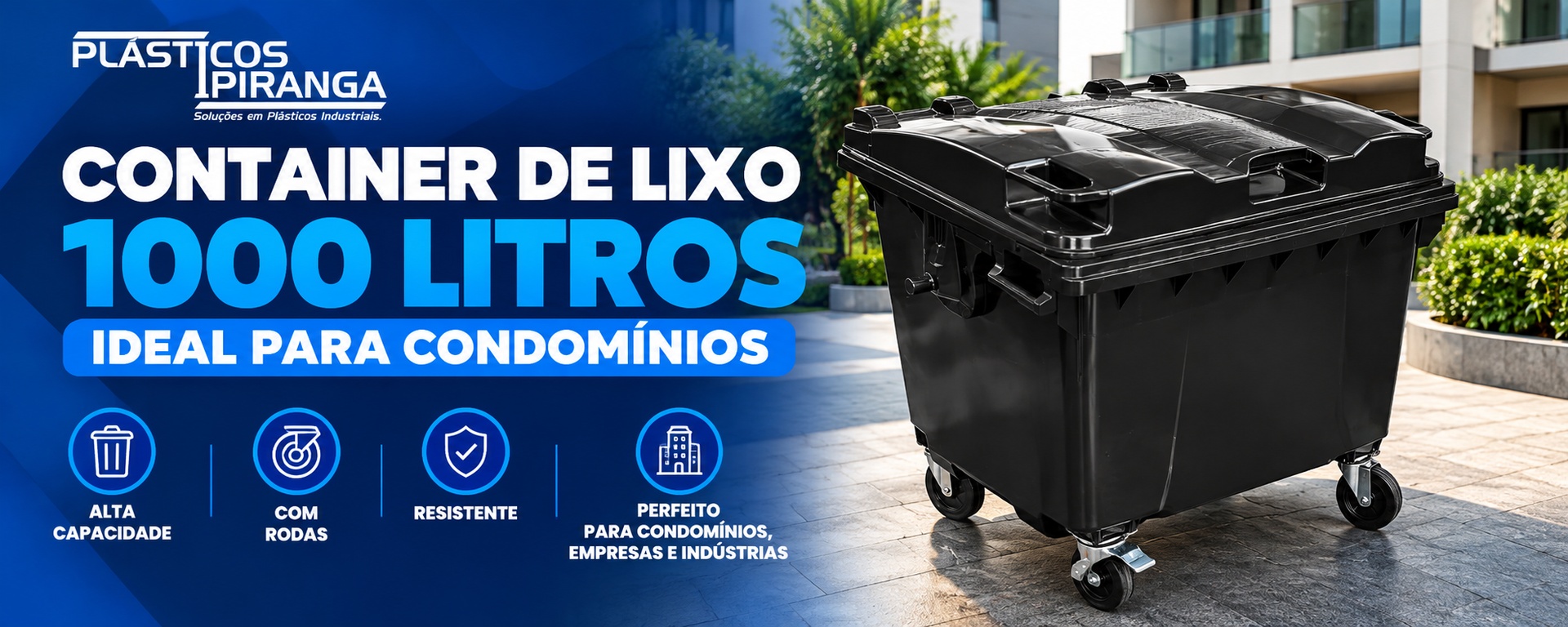 Container de Lixo 1000 Litros com Rodas e Tampa Plástico Reforçado Industrial
