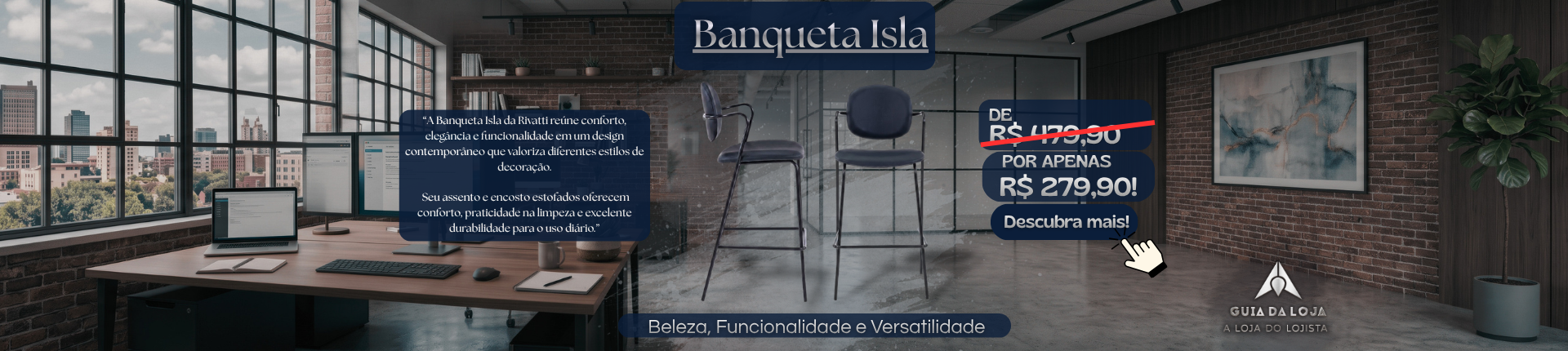 Banqueta Isla Rivatti Preta Estofada em PU com Base Metálica