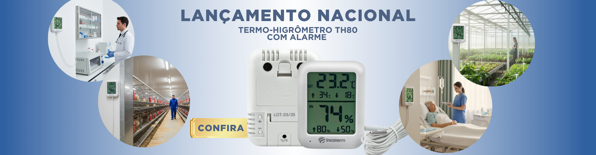 Termo-Higrômetro Digital Incoterm TH80 com Alarme de Temperatura e Umidade - Medição Interna e Externa
