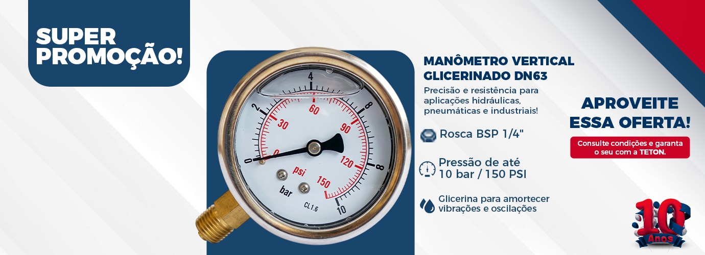 MANÔMETRO VERTICAL GLICERINADO DN63 ROSCA BSP 1/4POL 10BAR/150PSI FULL