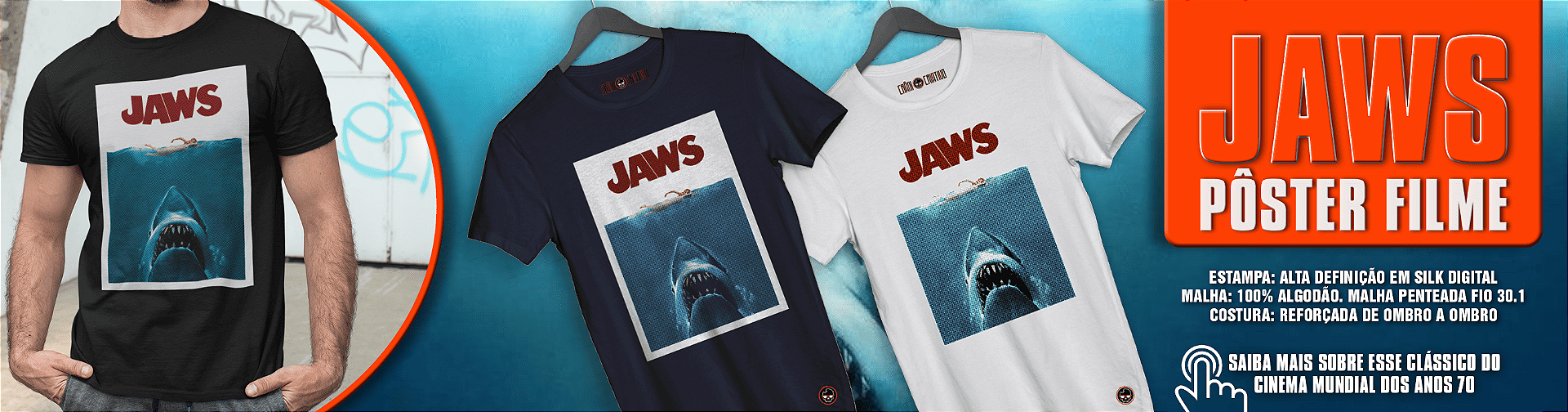 CAMISETA FILME PÔSTER JAWS