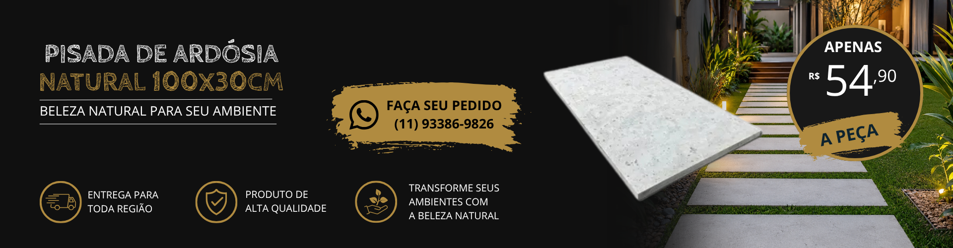 promoção Pisada Para Jardim de Ardósia Cinza Natural 100 x 30cm - Unidade