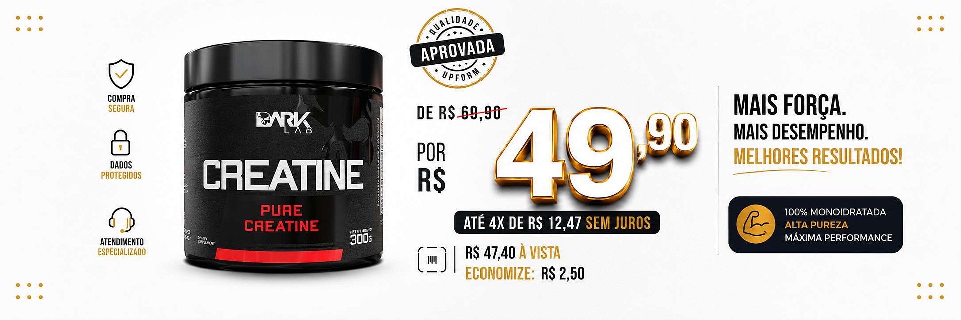 Creatina Pura 100% Monohidratada 300g Dark Lab - Mais Alto Grau de Pureza