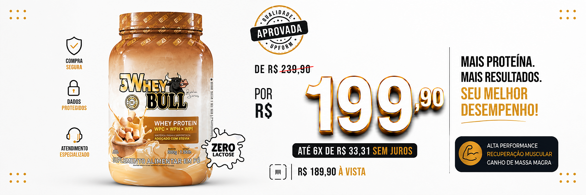 Whey Protein 3W Bull Hpx Form 900g – 21g Proteína | Zero Lactose | Whey Concentrado, Isolado e Hidrolisado