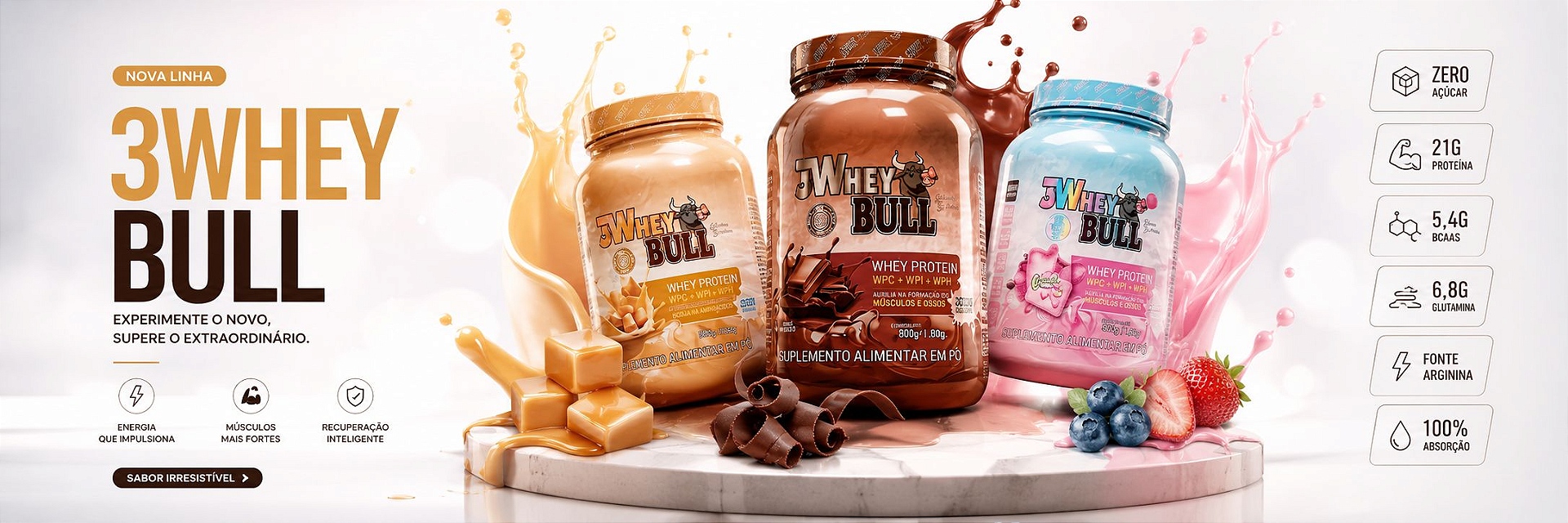 Whey Protein 3W Bull Hpx Form 900g – 21g Proteína | Zero Lactose | Whey Concentrado, Isolado e Hidrolisado