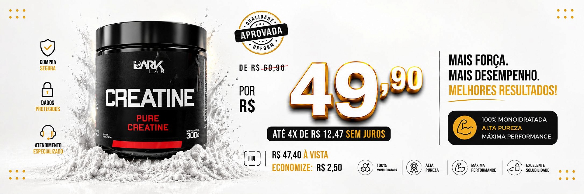 Creatina Pura 100% Monohidratada 300g Dark Lab - Mais Alto Grau de Pureza