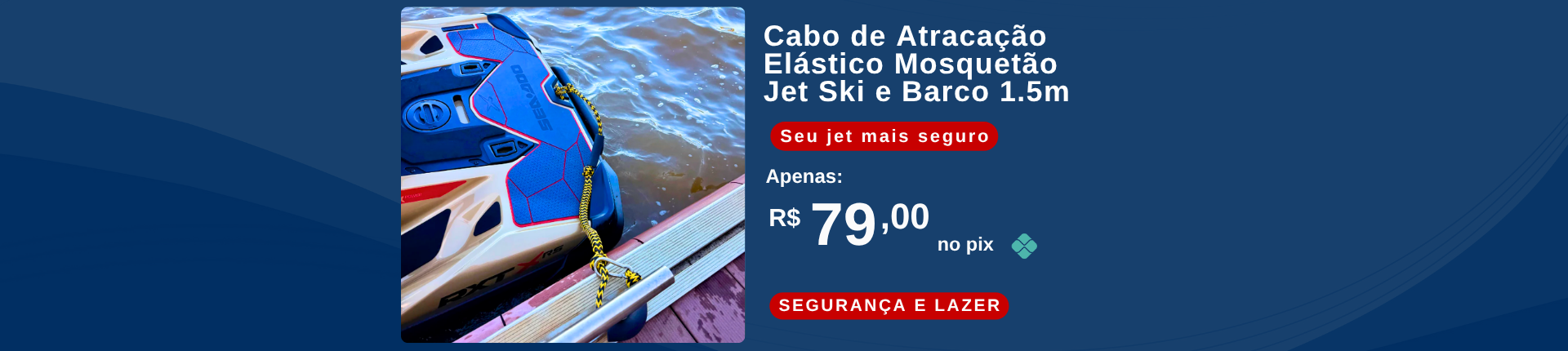 Full Banner Cabo de Atracação Elástico com Mosquetão para Jet Ski e Barco Amarelo e Preto 1,5m Overboat.