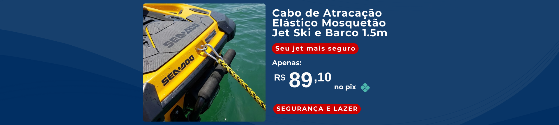 Full Banner Cabo de Atracação Elástico com Mosquetão para Jet Ski e Barco Amarelo e Preto 1,5m Overboat.
