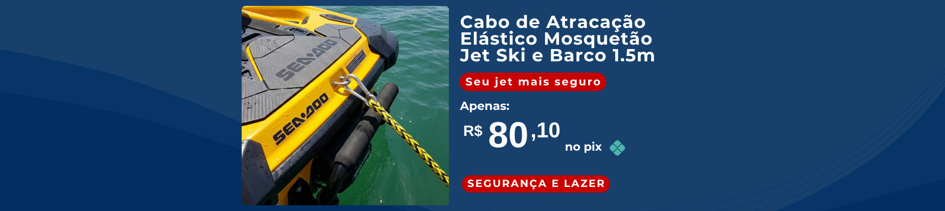 Full Banner Cabo de Atracação Elástico com Mosquetão para Jet Ski e Barco Amarelo e Preto 1,5m Overboat.