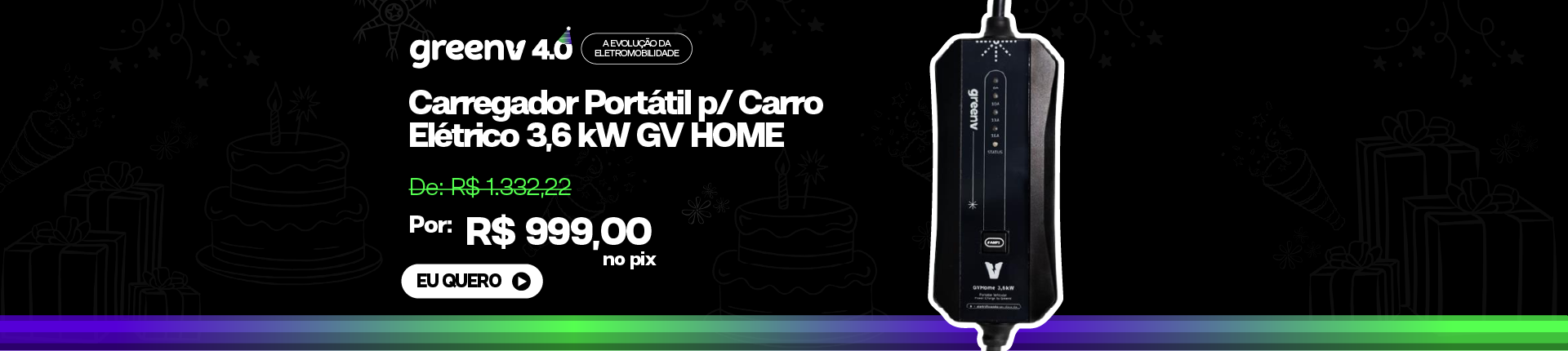 Aniversário Carregador Portátil p/ Carro Elétrico 3,6 kW
