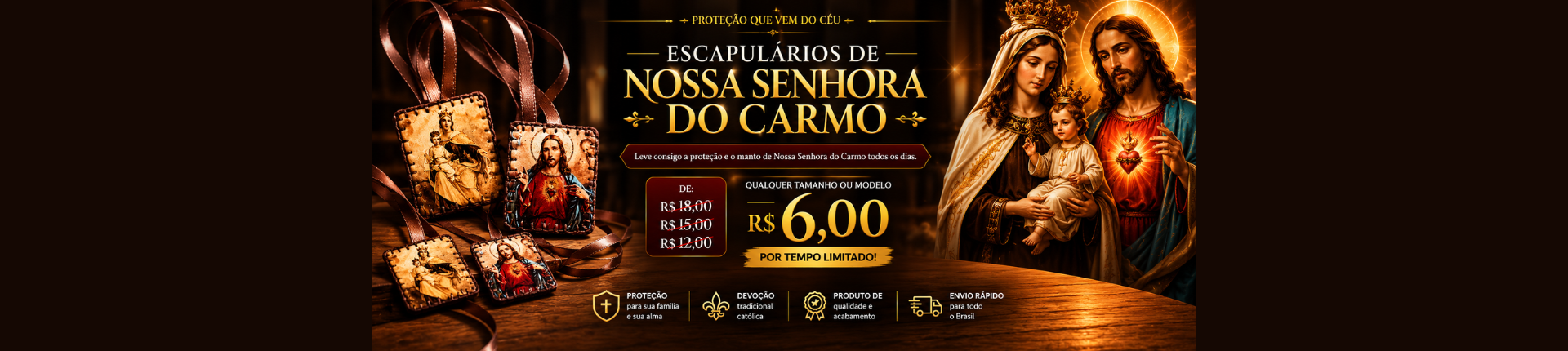 Escapulário do Carmo – Feito à Mão | 3 Tamanhos (Infantil, P, M, G) | Tecido Artesanal