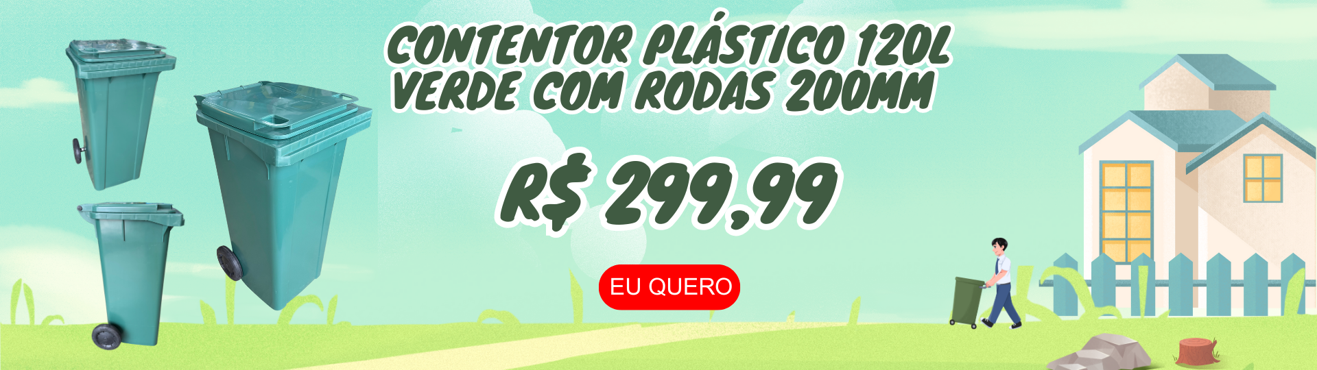 Contentor Plastico 120L verde com rodas 200mmm