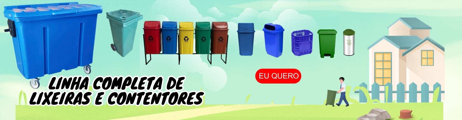 Linha completa de lixeiras e contentores