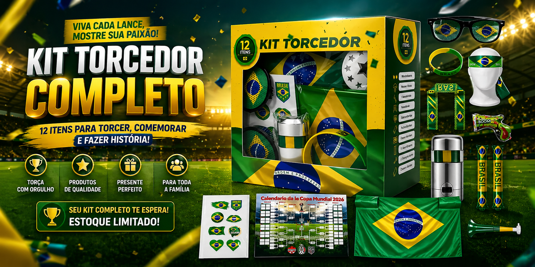 Kit Torcedor Brasil Copa 2026 Completo 12 Peças Bandeira Corneta Óculos Tinta Facial Acessórios Torcida Futebol Festa Brasil Cop