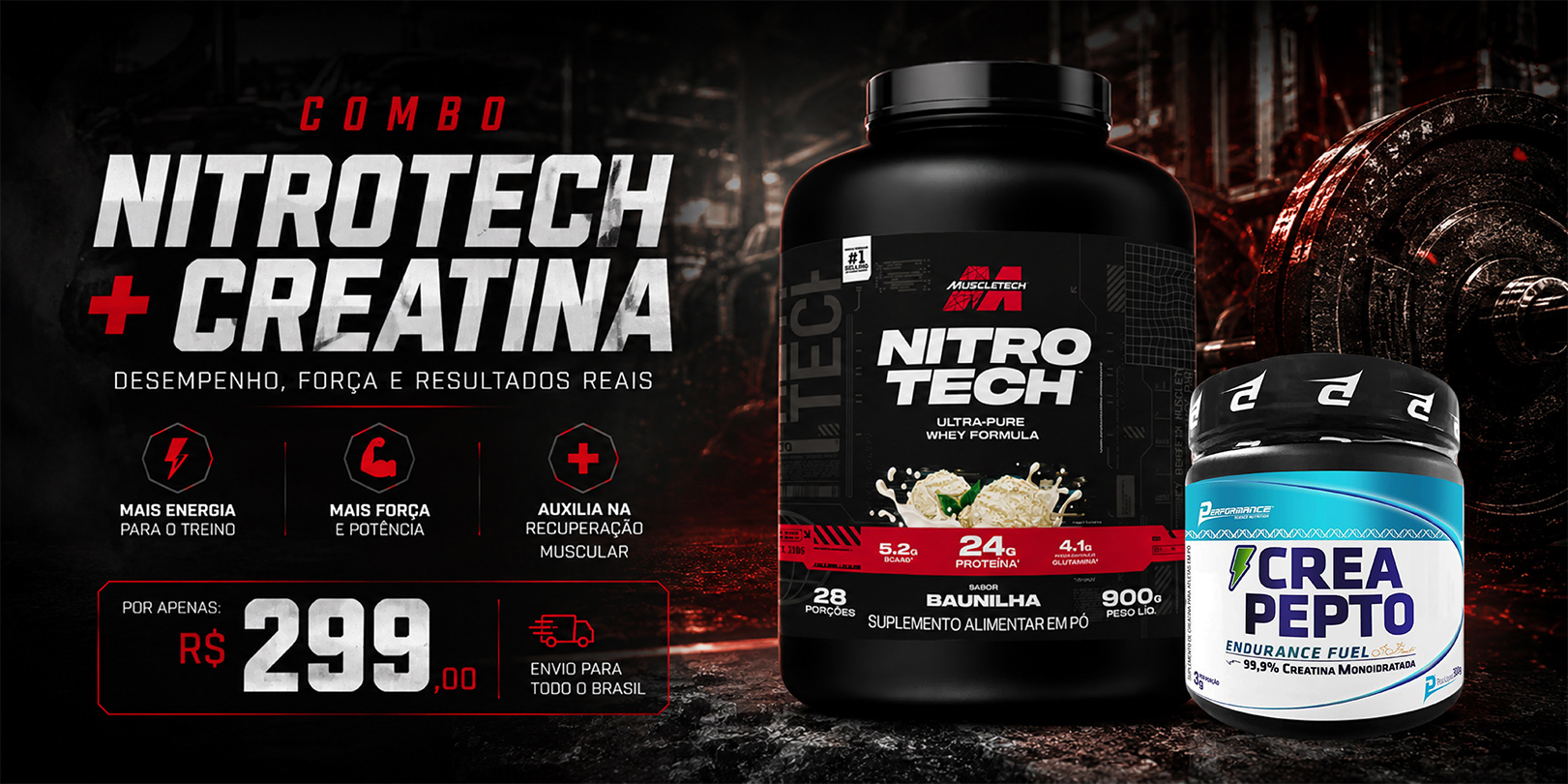 Combo Whey Nitrotech (900g) + Creatina Creapepto (300g)