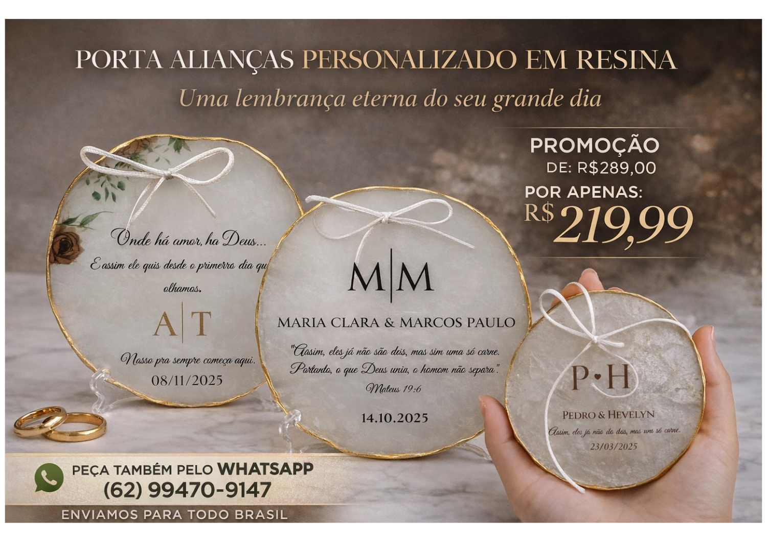 PORTA ALIANÇAS PERSONALIZADO EM RESINA 15 CM