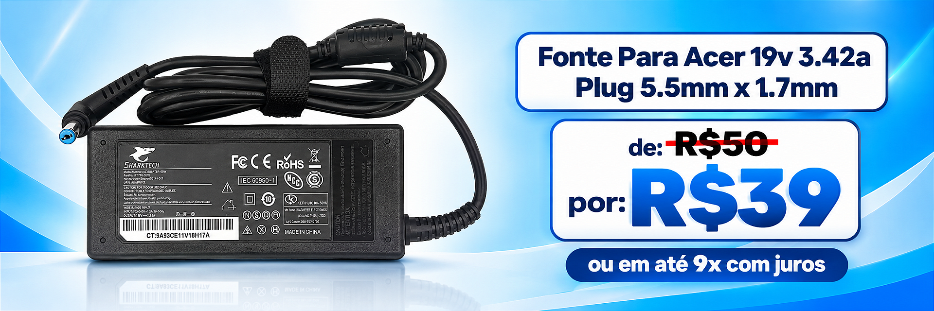 Fonte Para Acer 19v 3.42a Plug 5.5mm x 1.7mm