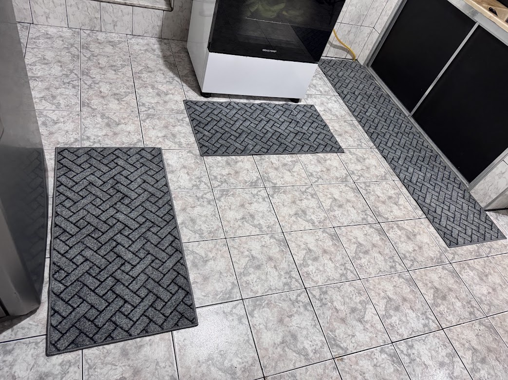 Jogo de Tapete Cozinha Passadeira e Capacho 3 Peças Parquet Cinza