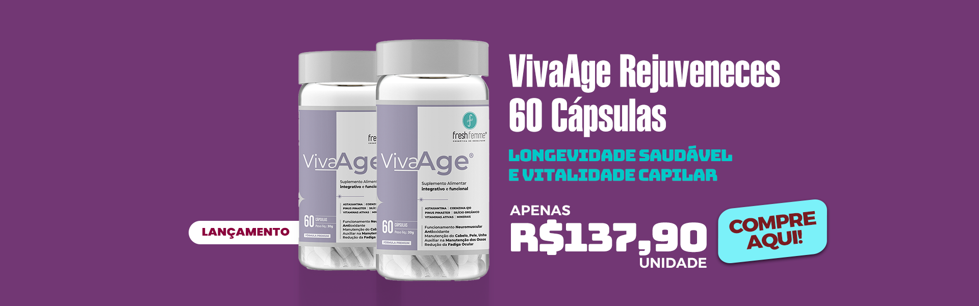 VivaAge Rejuveneces - Longevidade Saudável e Vitalidade Capilar - 60 Cápsulas - FreshFemme