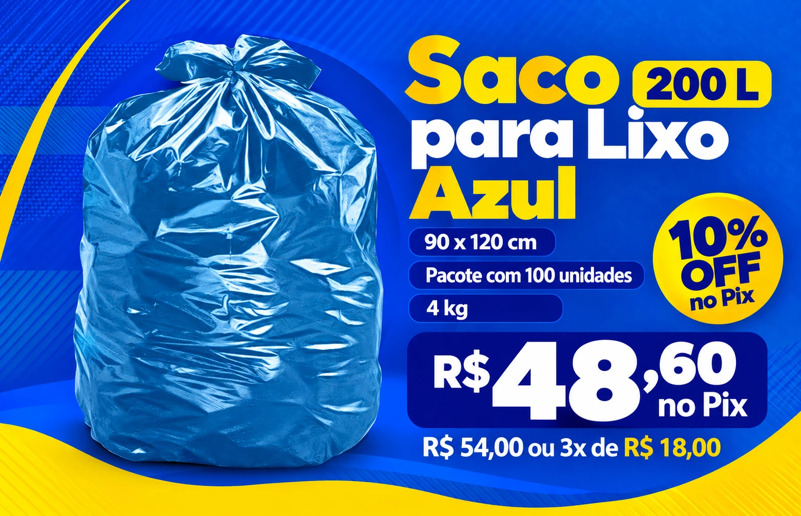 Saco para Lixo 200 L Azul - R$ 48,60 no Pix