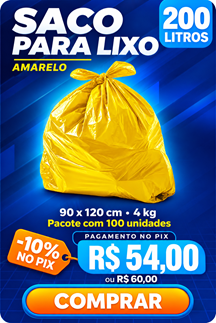 Saco para lixo 200 litros amarelo, 90 x 120 cm, 4 kg - R$ 54,00 no Pix
