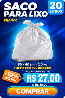 Saco para lixo 20 litros branco, 50 x 60 cm, 2,0 kg - R$ 27,00 no Pix