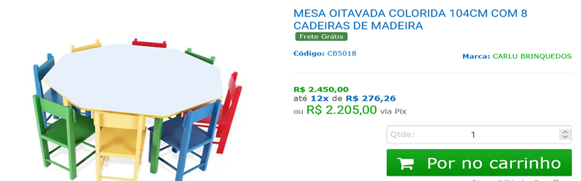 Mesa Oitavada Colorida 104cm Com 8 Cadeiras De Madeira