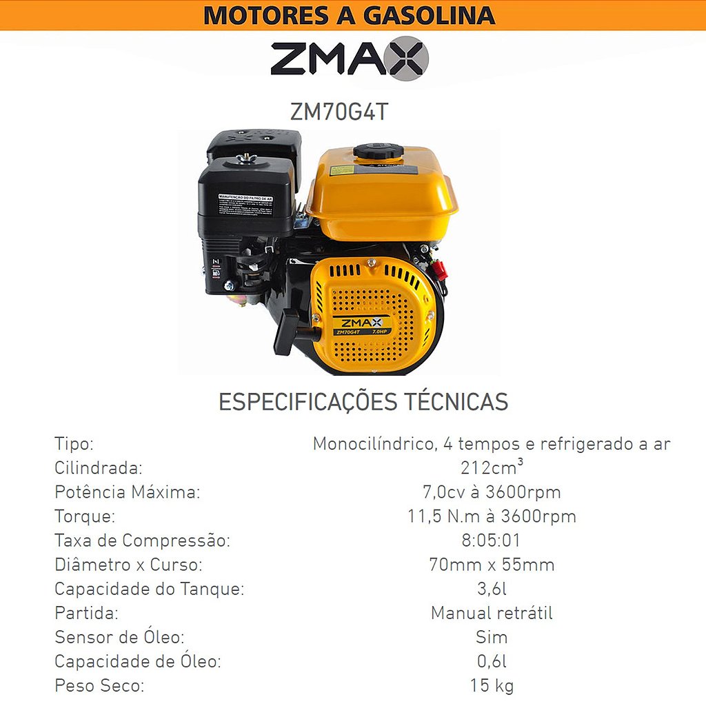 Motor a Gasolina Zmax 7hp 210cc Partida Manual com Rabeta